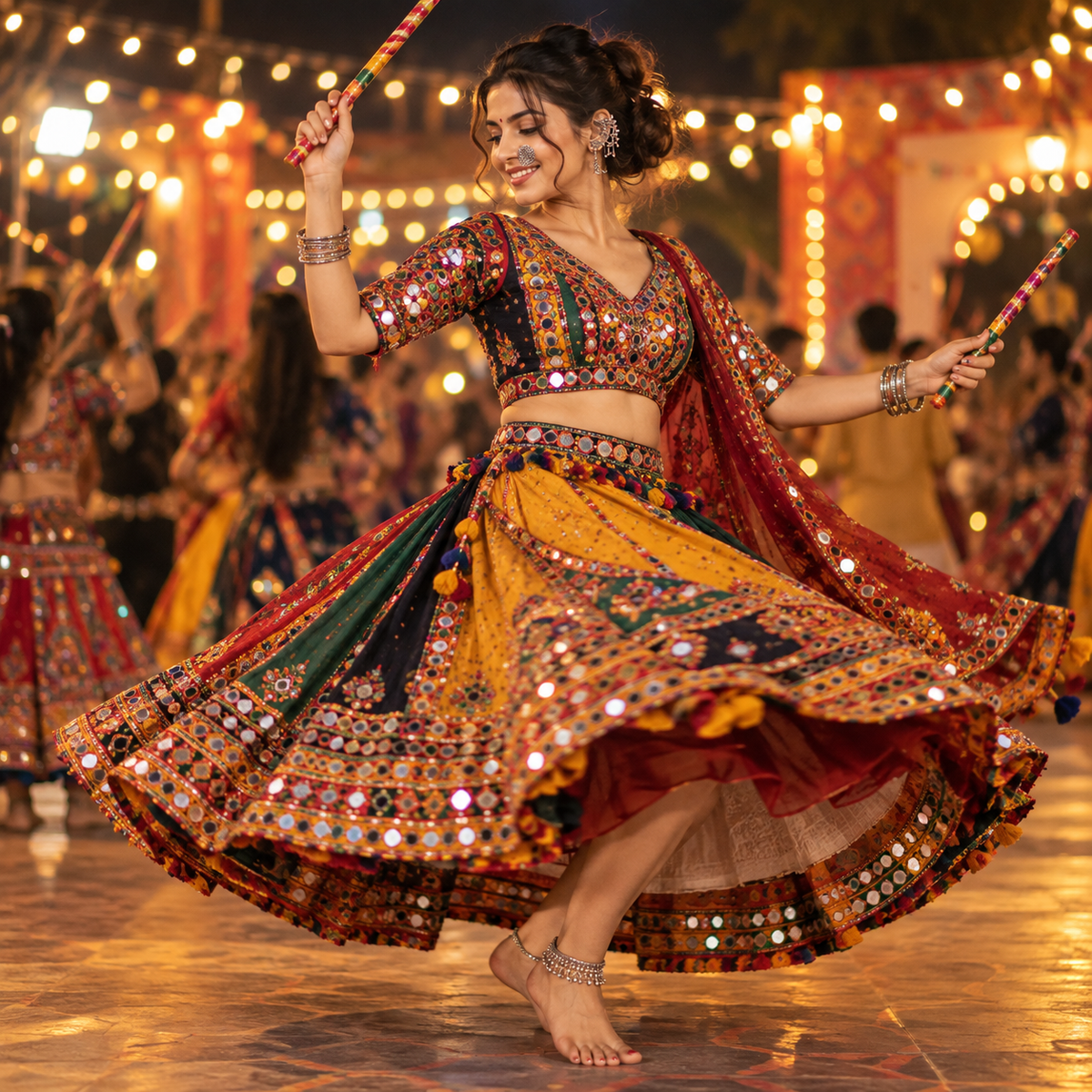 Woman dancing garba wearing oxidised silver nose pin and anklet
