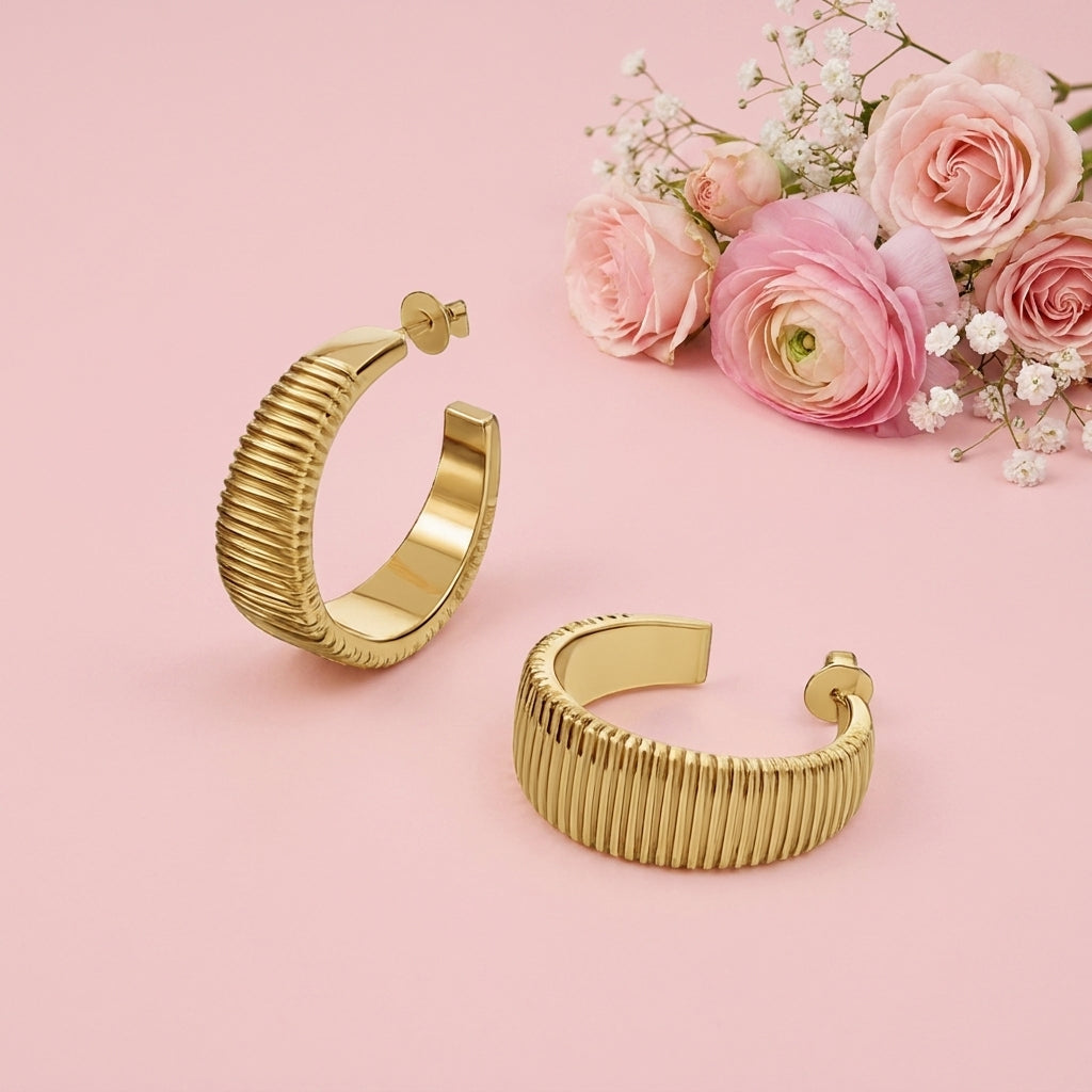 Big Lined Hoops - 925 Sterling Silver Gold Plated