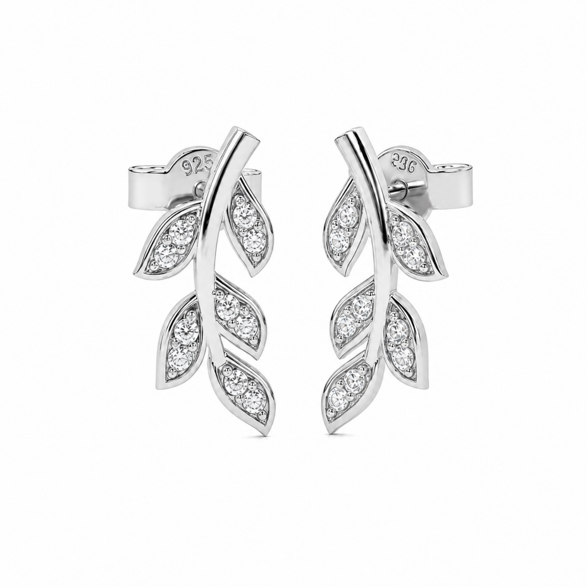 Leaf Vine White Cz Climber Stud Earrings - 925 sterling silver earrings for women