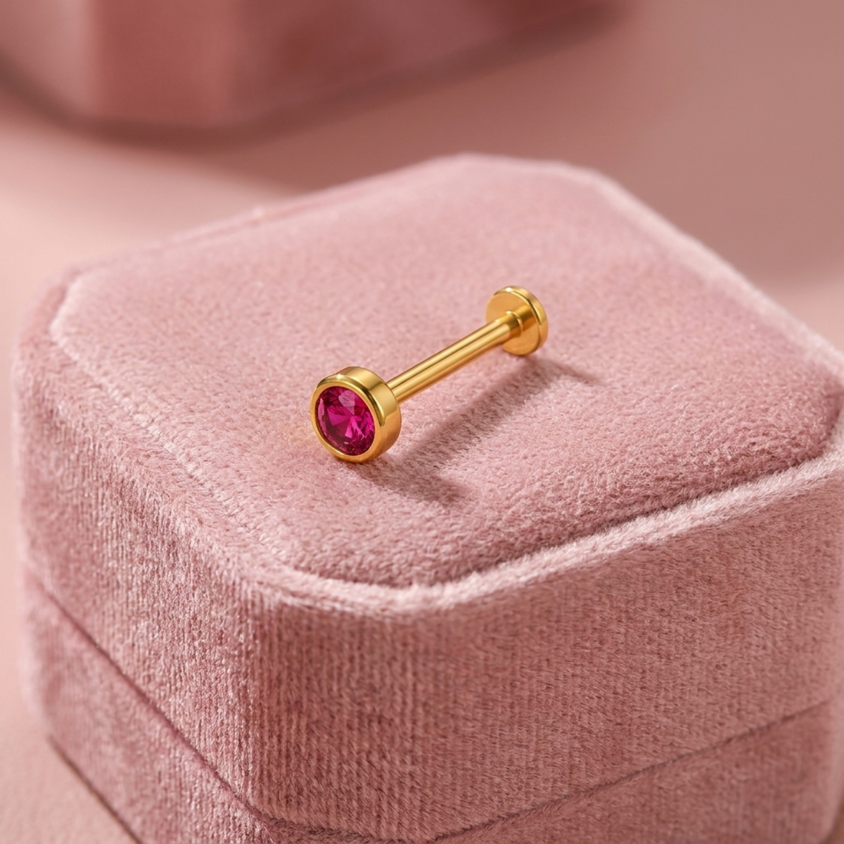 Pink Rubellite Round Bezel Nose Pin - side view in 925 sterling silver