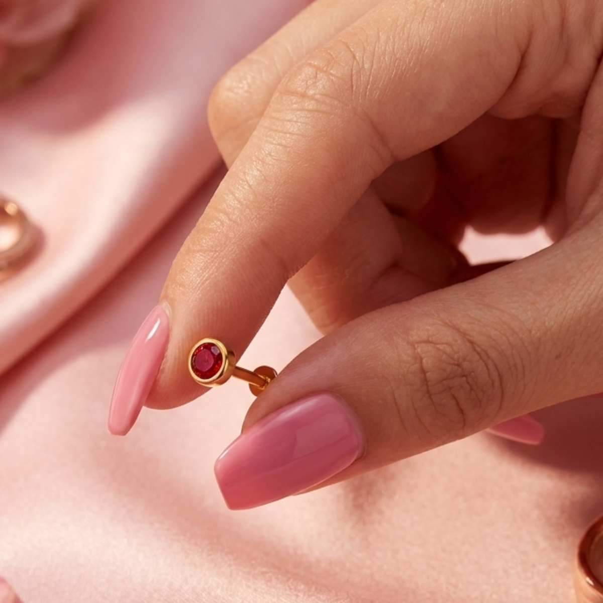 Pink Rubellite Round Bezel Nose Pin - close-up detail