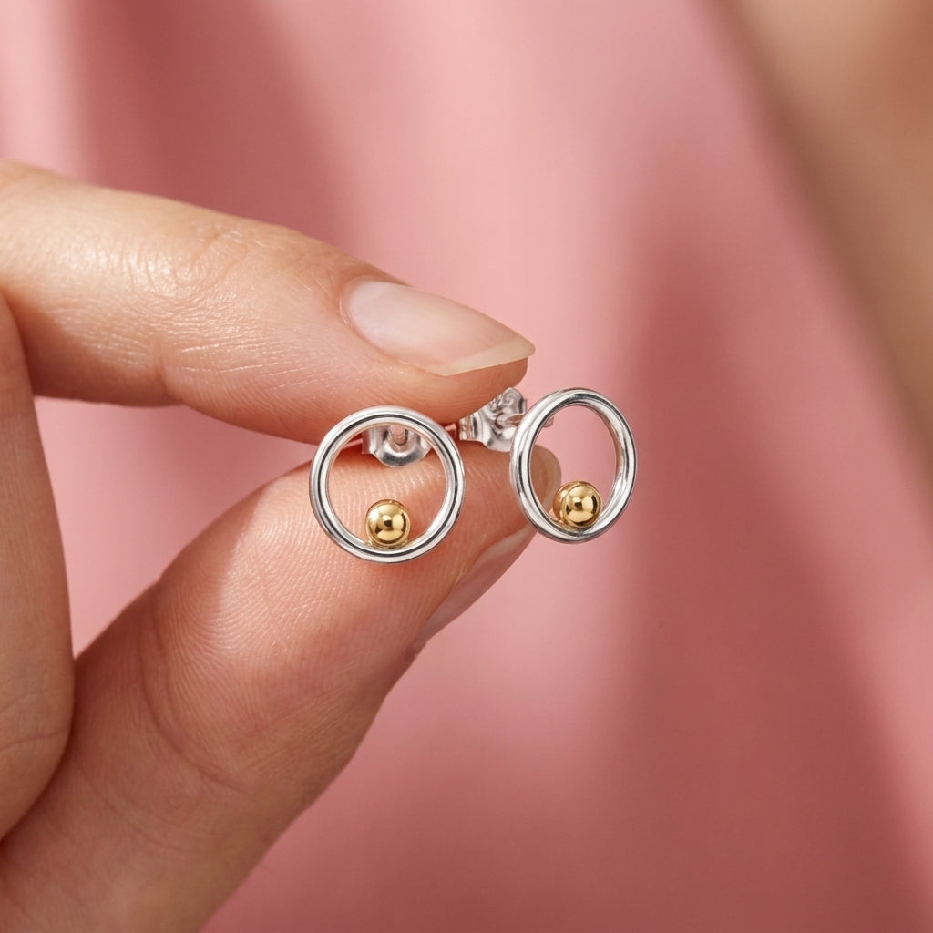 Open Circle Gold Bead Stud Earrings - 925 sterling silver earrings for women