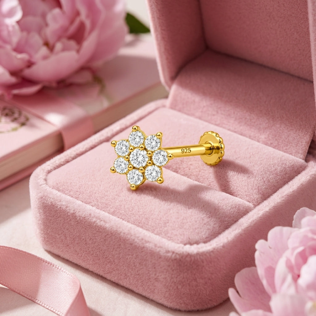 Full Bloom Cluster Nose Pin - side view in 925 sterling silver