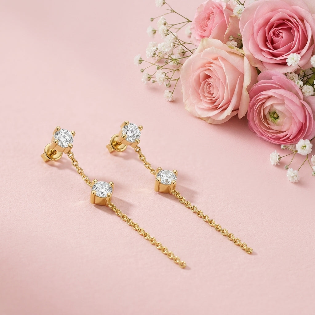 Double Stud Chain Earrings - 925 Sterling Silver Gold Plated
