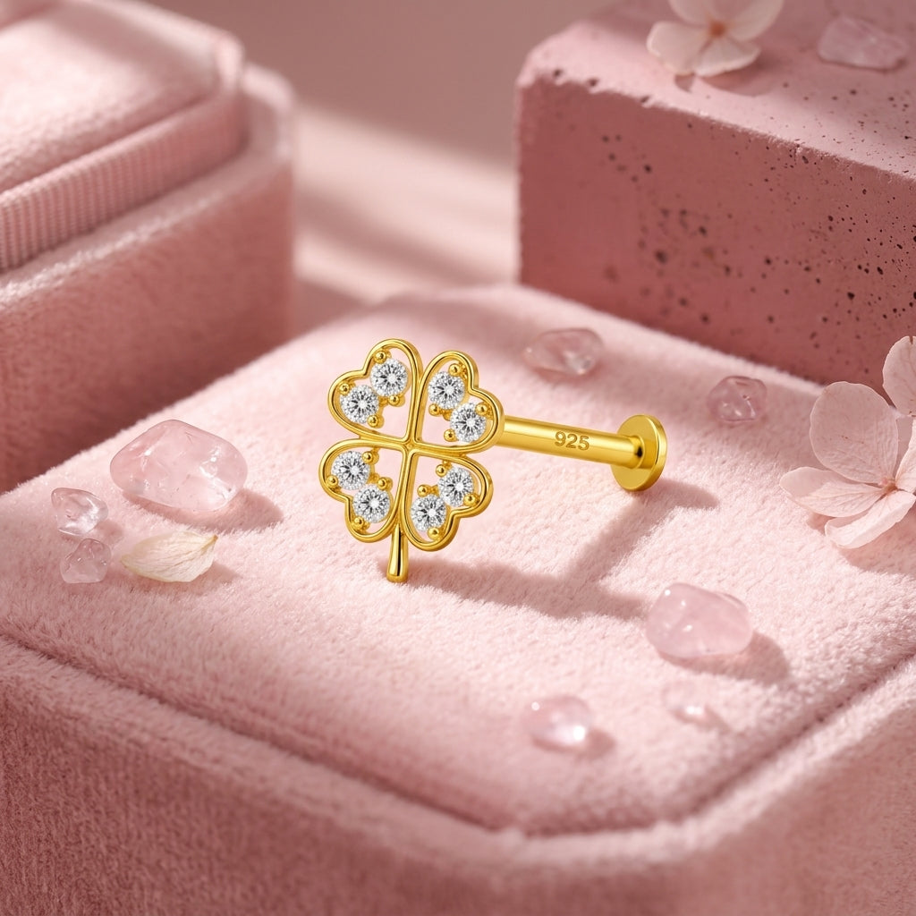 Four Leaf Clover Nose Pin - side view in 925 sterling silver