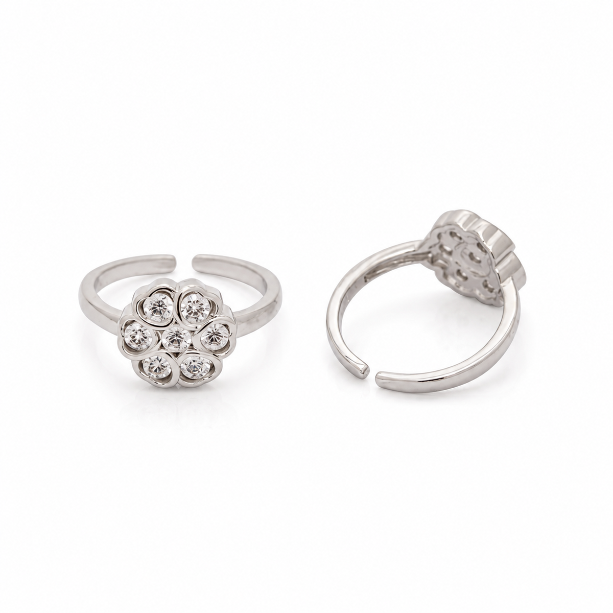 Flower Cluster White Cz Silver Toe Rings - front view in 925 sterling silver