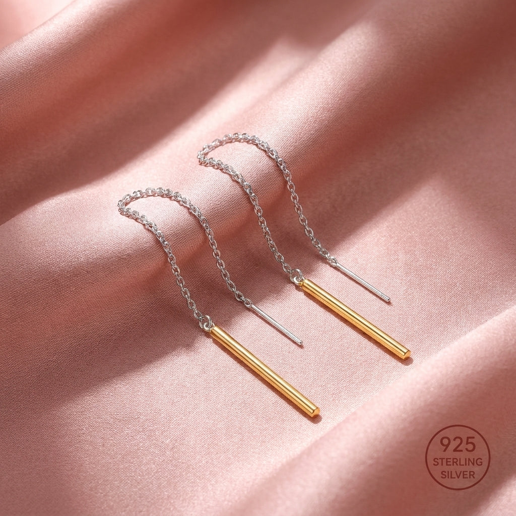 Gold Bar Threader Chain Drop Earrings - 925 sterling silver earrings for women
