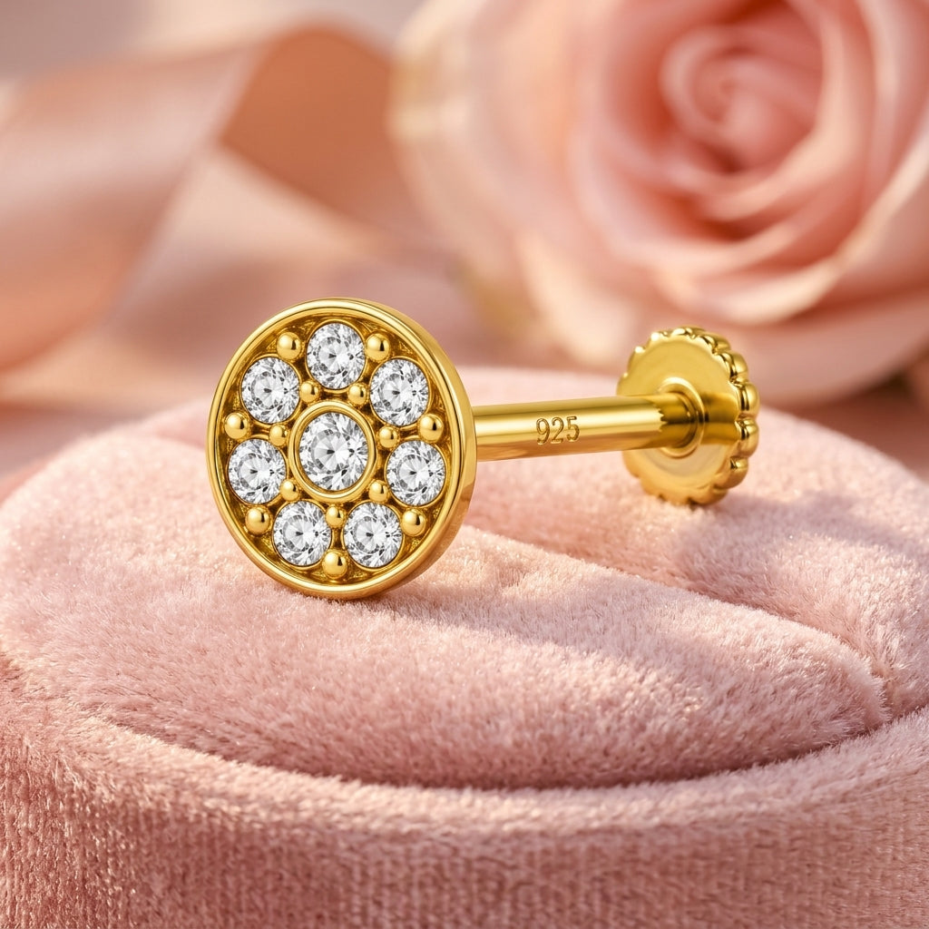 Round Bezel Halo Nose Pin - 925 Sterling Silver