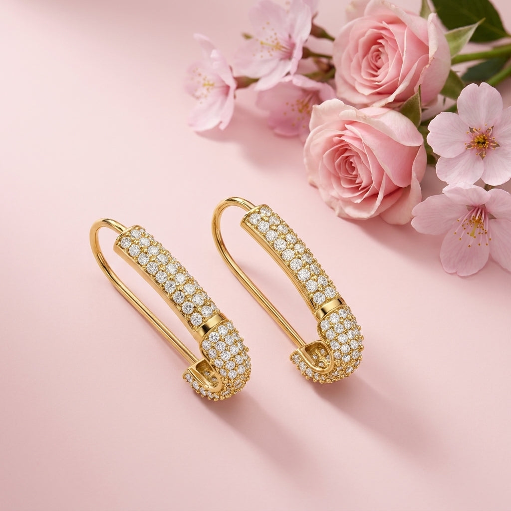 Glam Safety Pin Earrings - 925 Sterling Silver Gold Plated