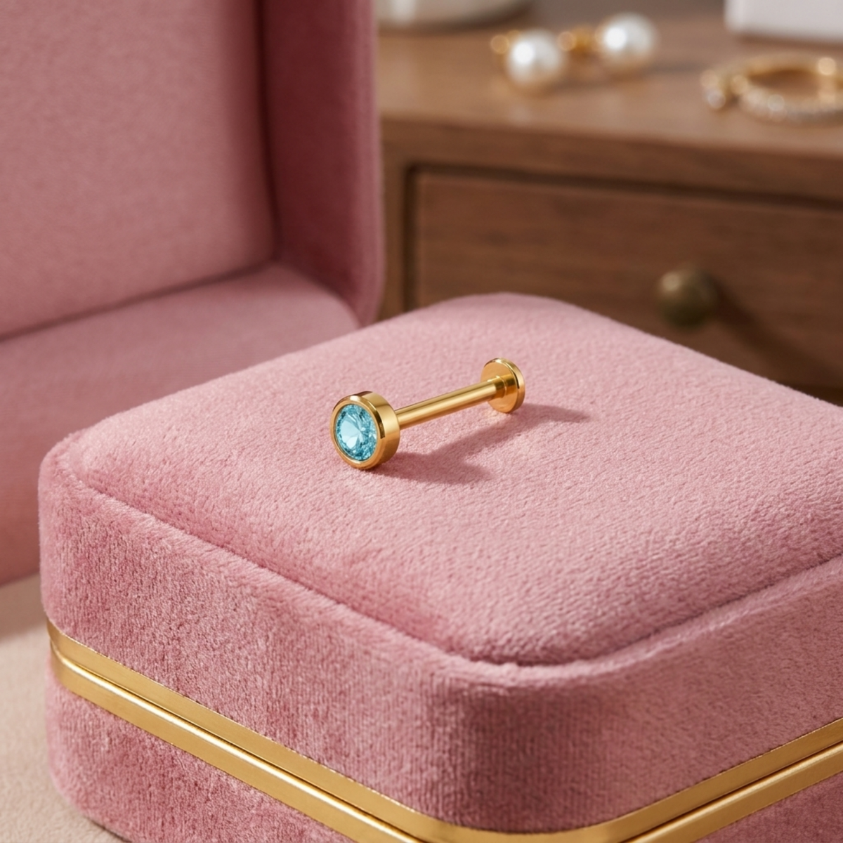 Aqua Blue Topaz Round Bezel Nose Pin - close-up detail