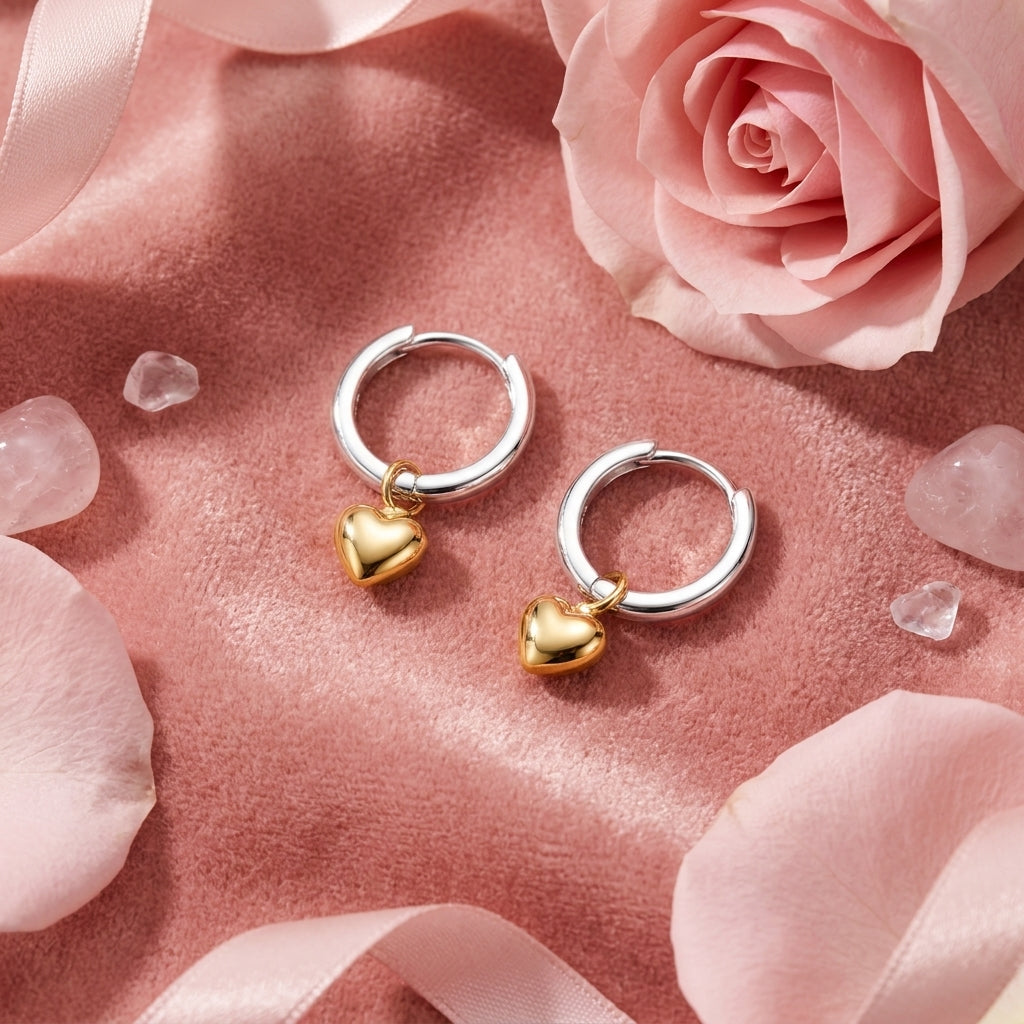 Gold Heart Charm Huggie Hoop Earrings - 925 sterling silver earrings for women