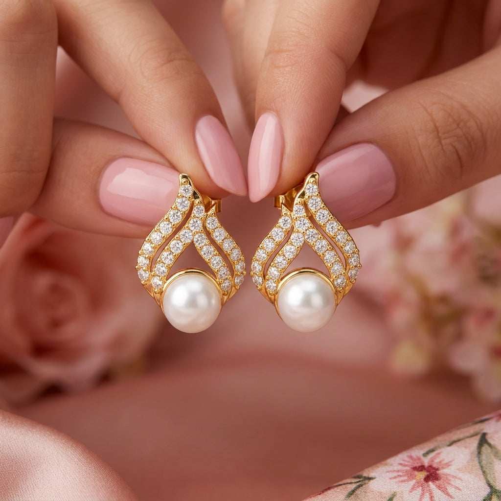 White Cz Flame Drop Pearl Stud Earrings - 925 sterling silver earrings for women