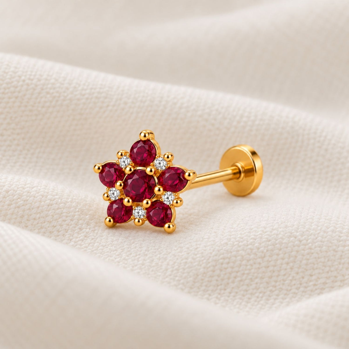 Ruby Red Flower Nose Pin - 925 Sterling Silver