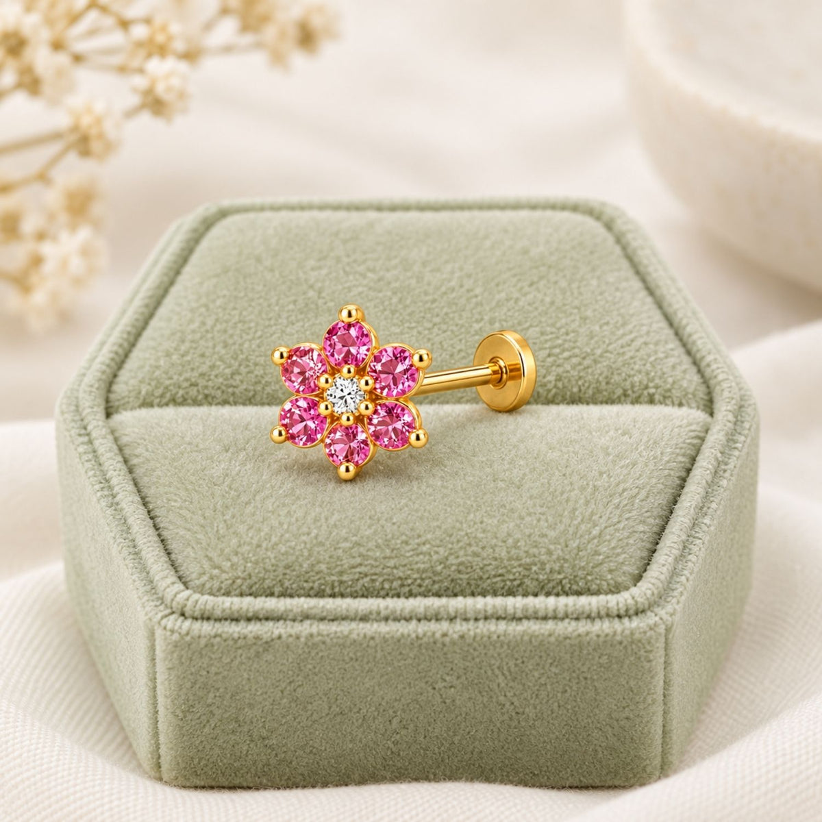 Pink Flower Nose Pin - 925 Sterling Silver