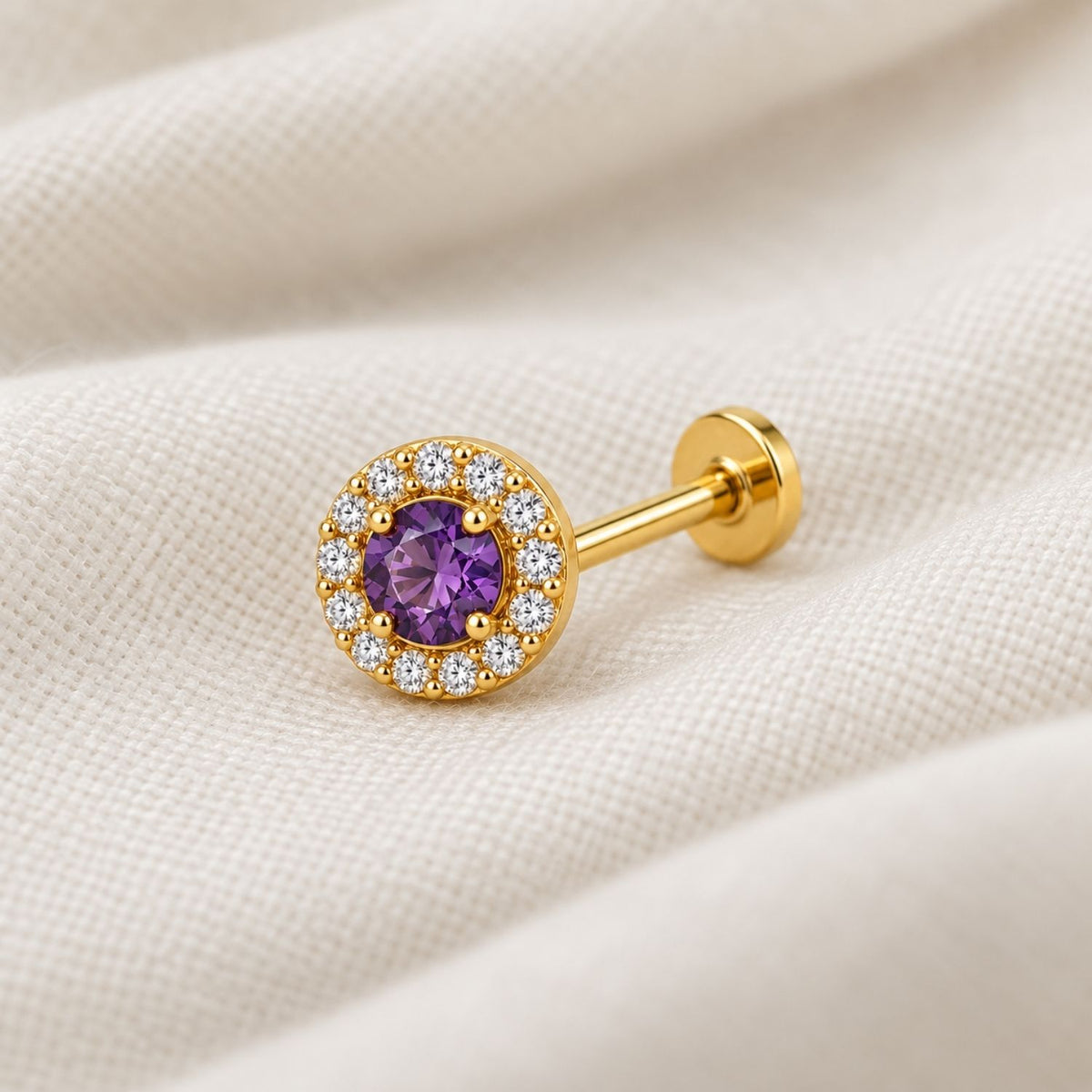 Amethyst Purple Halo Nose Pin - 925 Sterling Silver