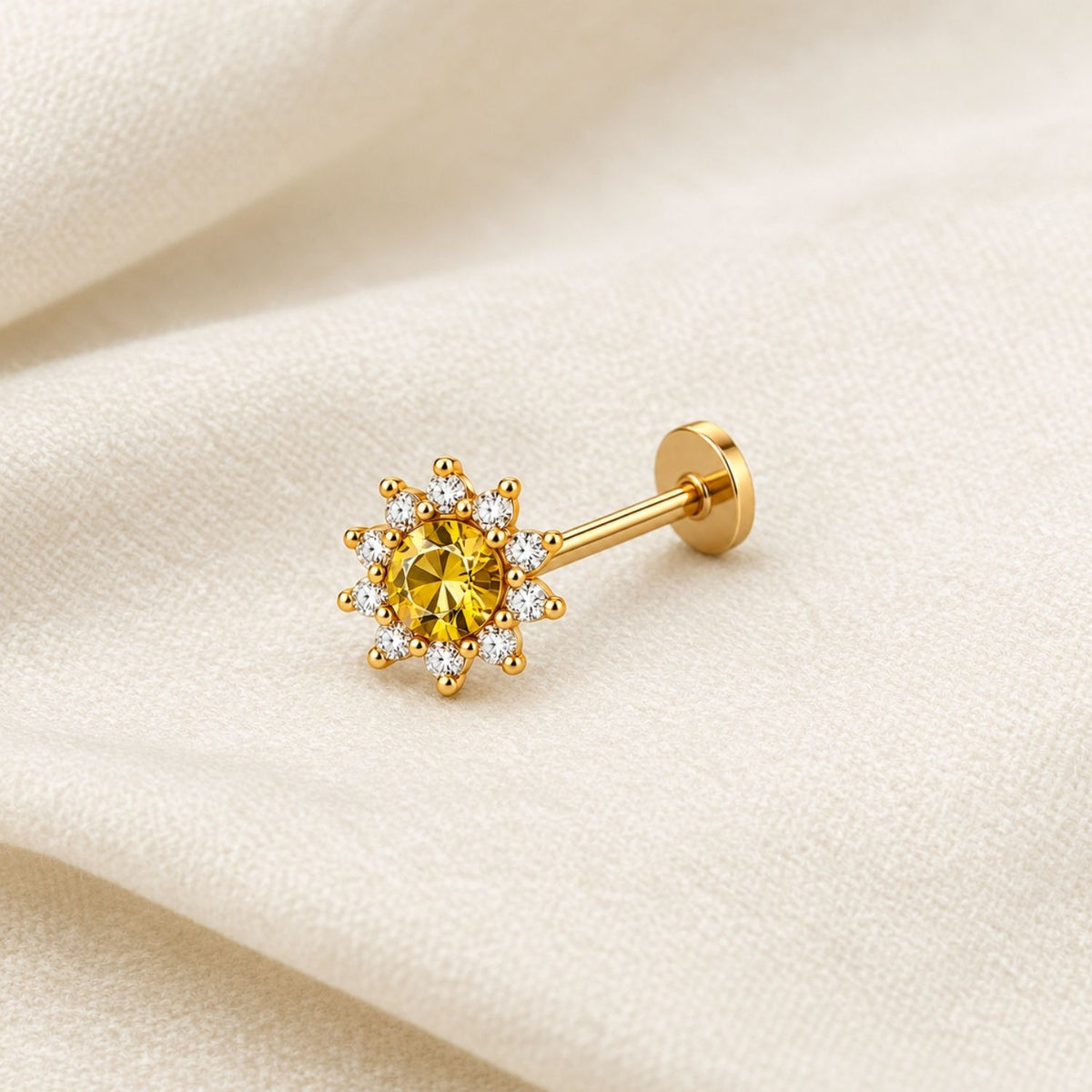 Citrine Yellow Sunburst Nose Pin - 925 Sterling Silver