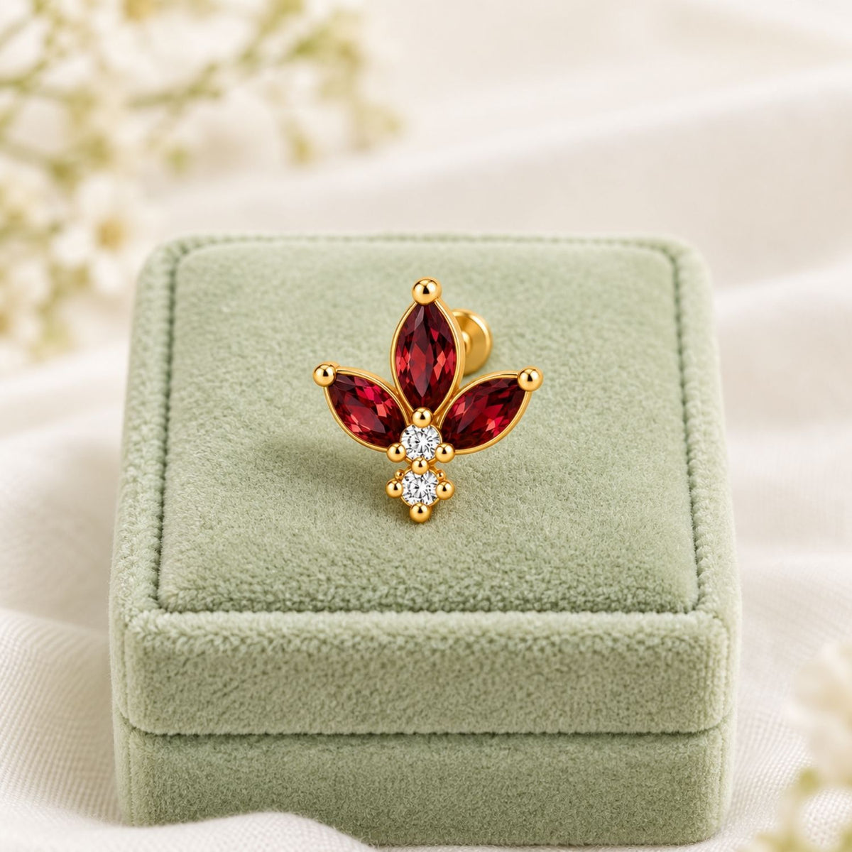Ruby Red Tulip Nose Pin - 925 Sterling Silver