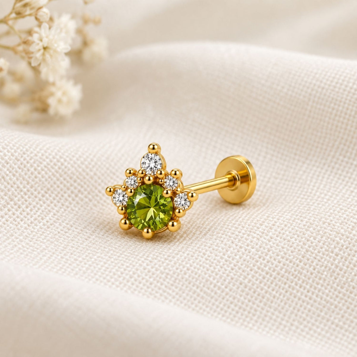 Peridot Green Flower Nose Pin - 925 Sterling Silver