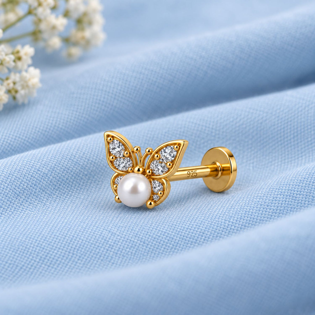 Butterfly Pearl Nose Pin - 925 Sterling Silver