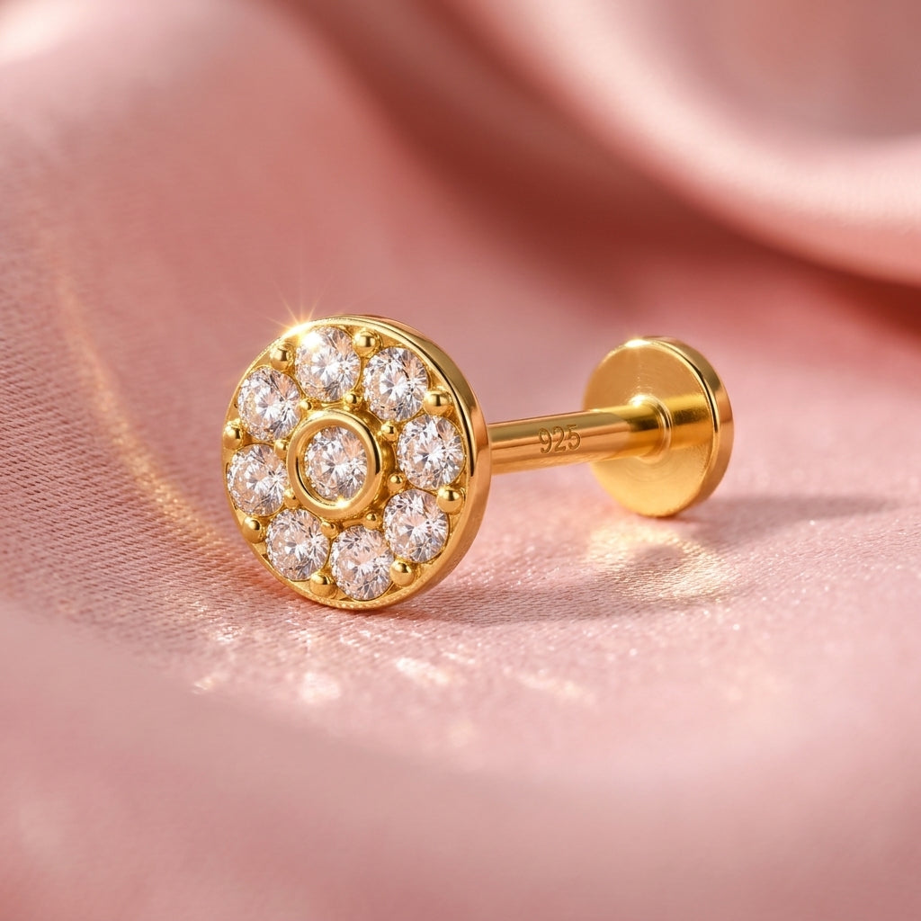Round Bezel Centre Halo Nose Pin - side view in 925 sterling silver