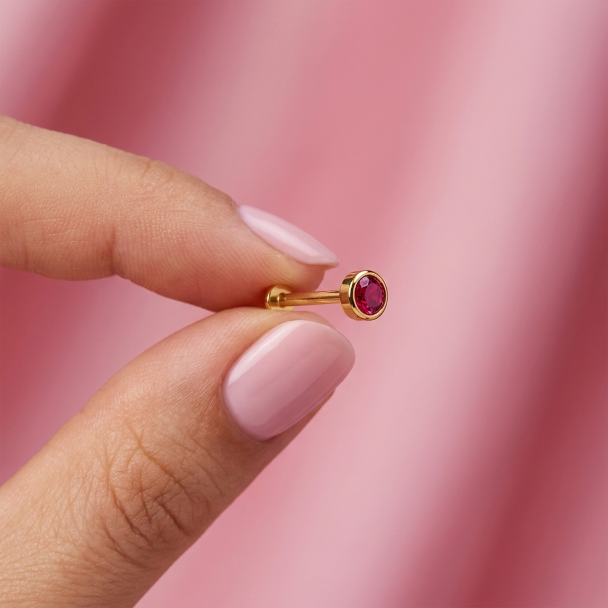 Red Ruby Round Bezel Nose Pin - side view in 925 sterling silver