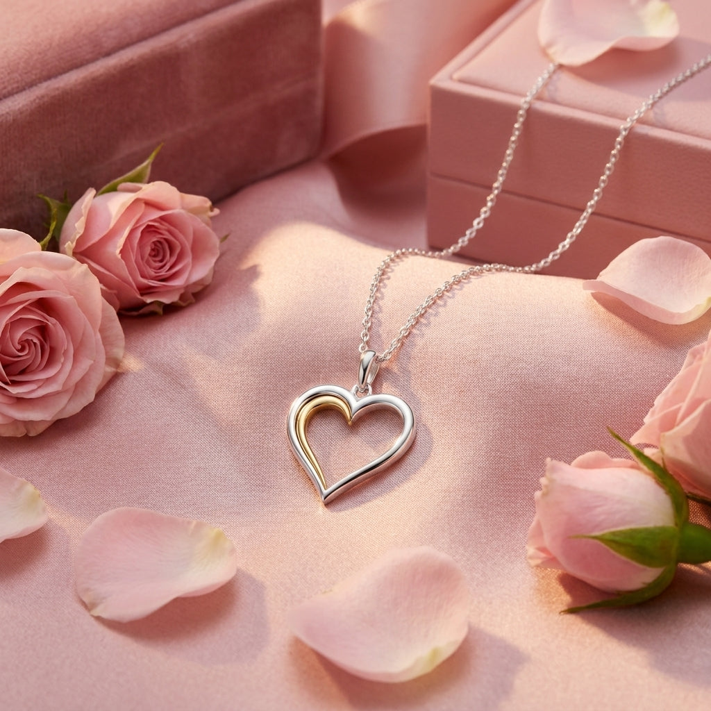 Two Tone Open Heart Pendant Necklace - 925 sterling silver pendant necklace for women