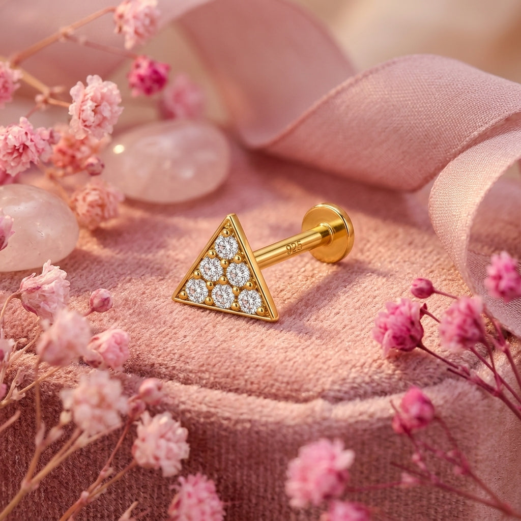 Triangle Pave Nose Pin - side view in 925 sterling silver