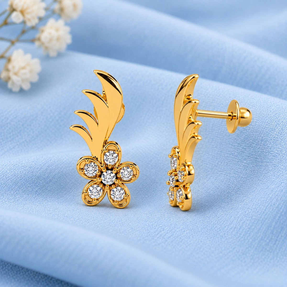 White Cz Flower Leaf Spray Stud Earrings for Women - 925 Sterling Silver