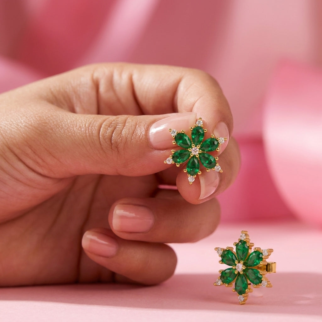 Green Cz Floral Cluster Stud Earrings - 925 sterling silver earrings for women