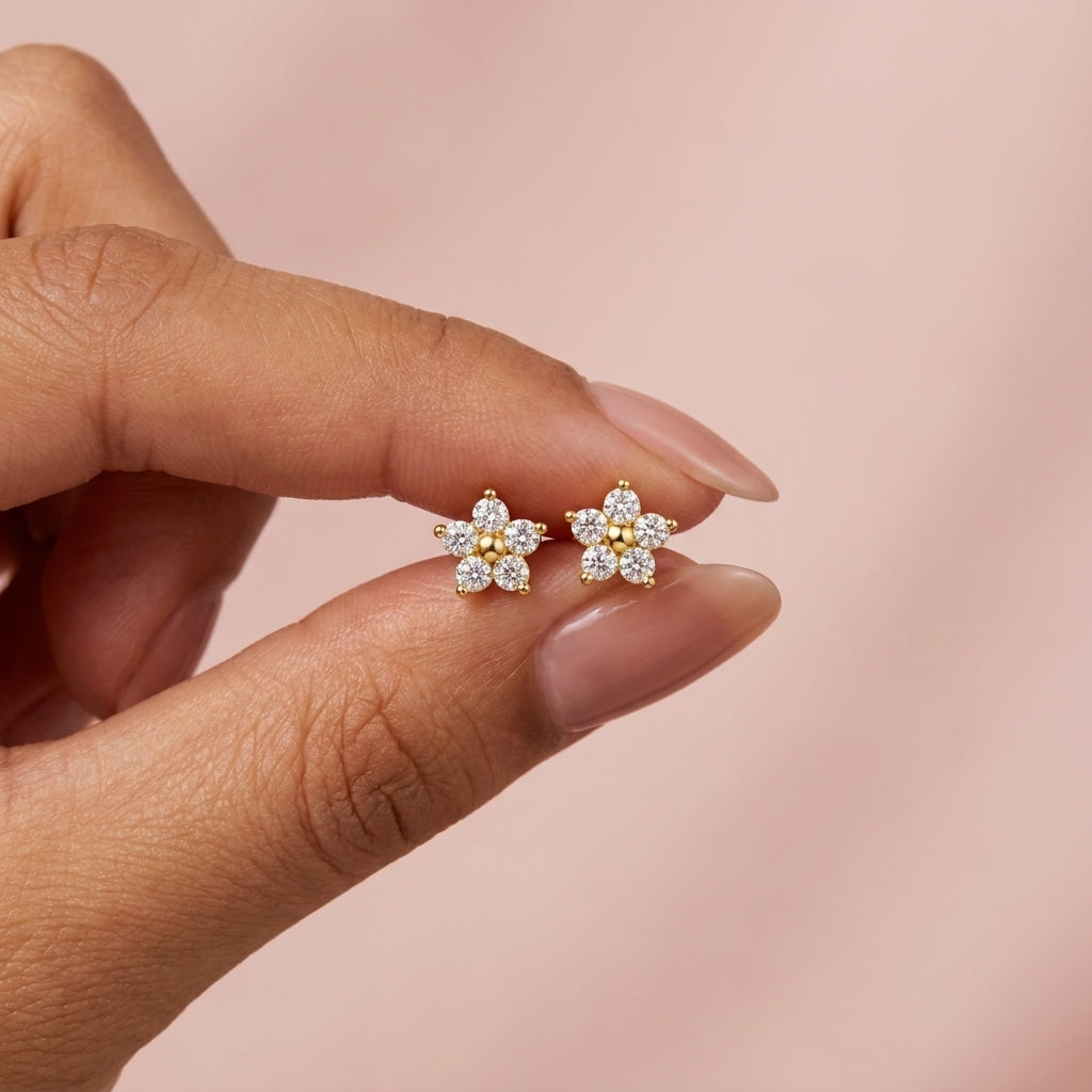 Gold Center Flower White Cz Screw-Back Stud Earrings - 925 sterling silver earrings for women