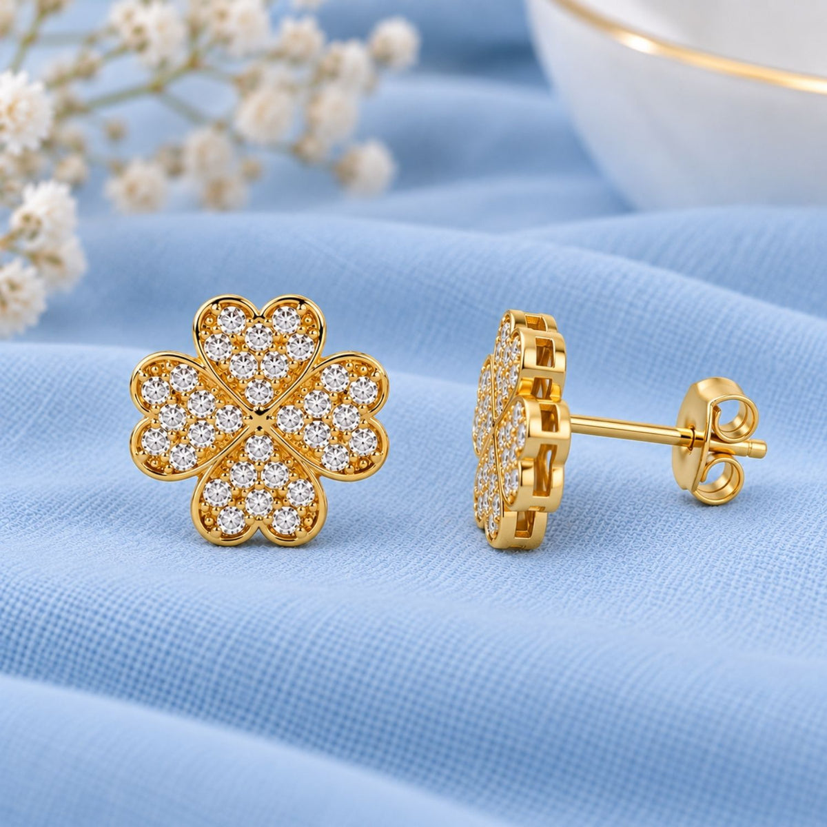 Pavé White Cz Four Leaf Clover Stud Earrings for Women - 925 Sterling Silver