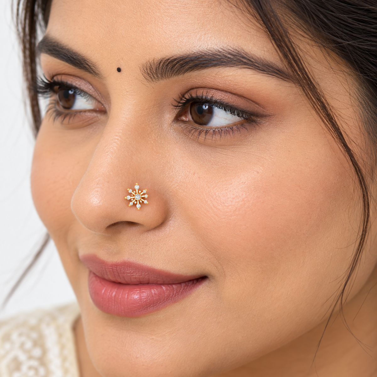 Snowflake Nose Pin - side view in 925 sterling silver