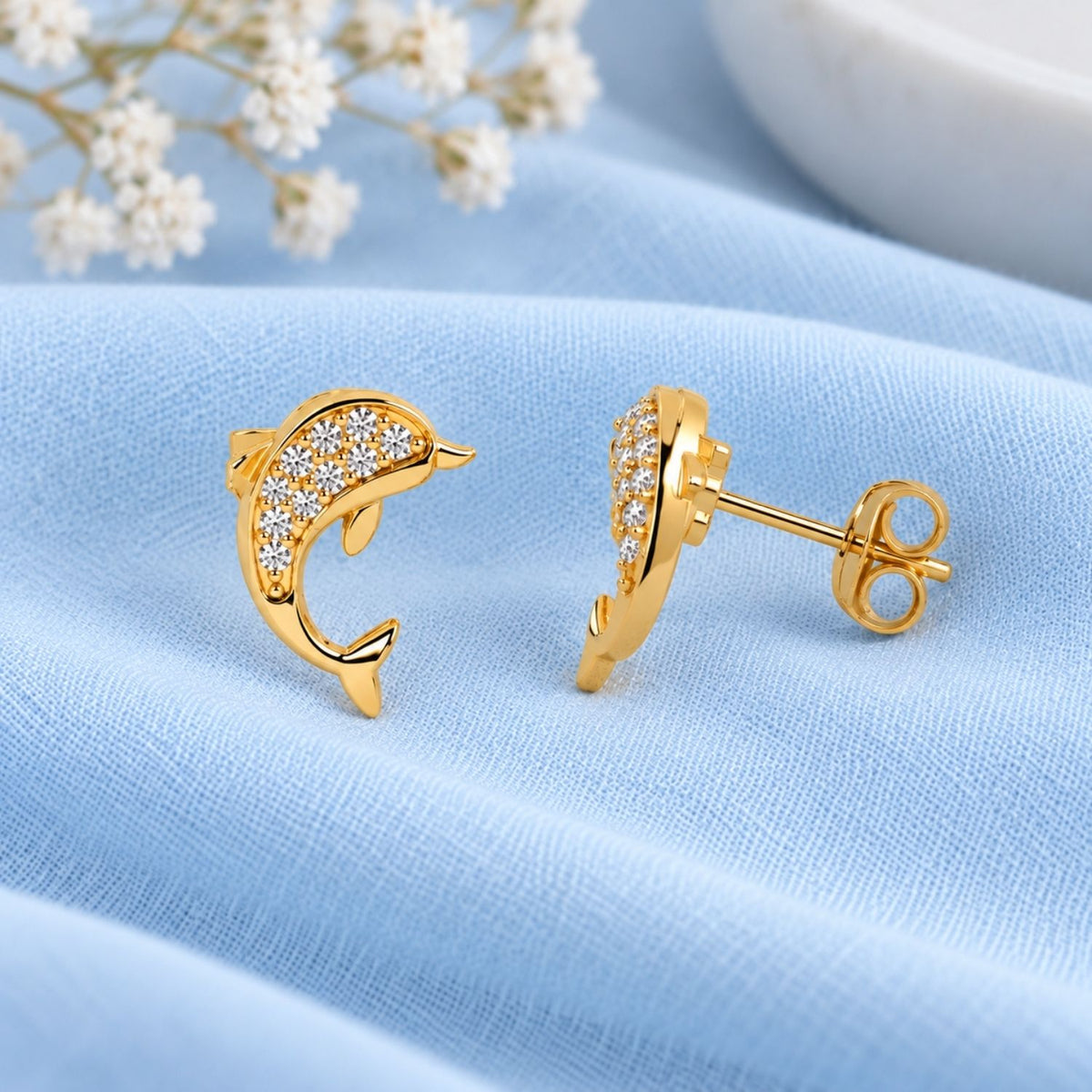 Pavé White Cz Dolphin Stud Earrings for Women - 925 Sterling Silver