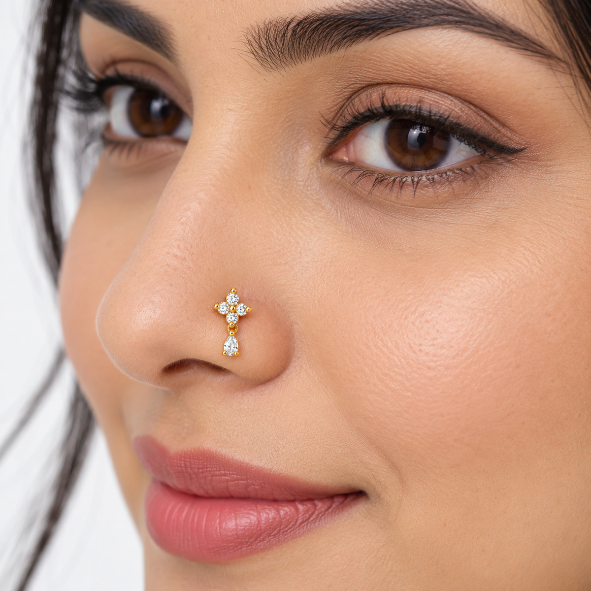 Cross Drop Nose Pin - side view in 925 sterling silver