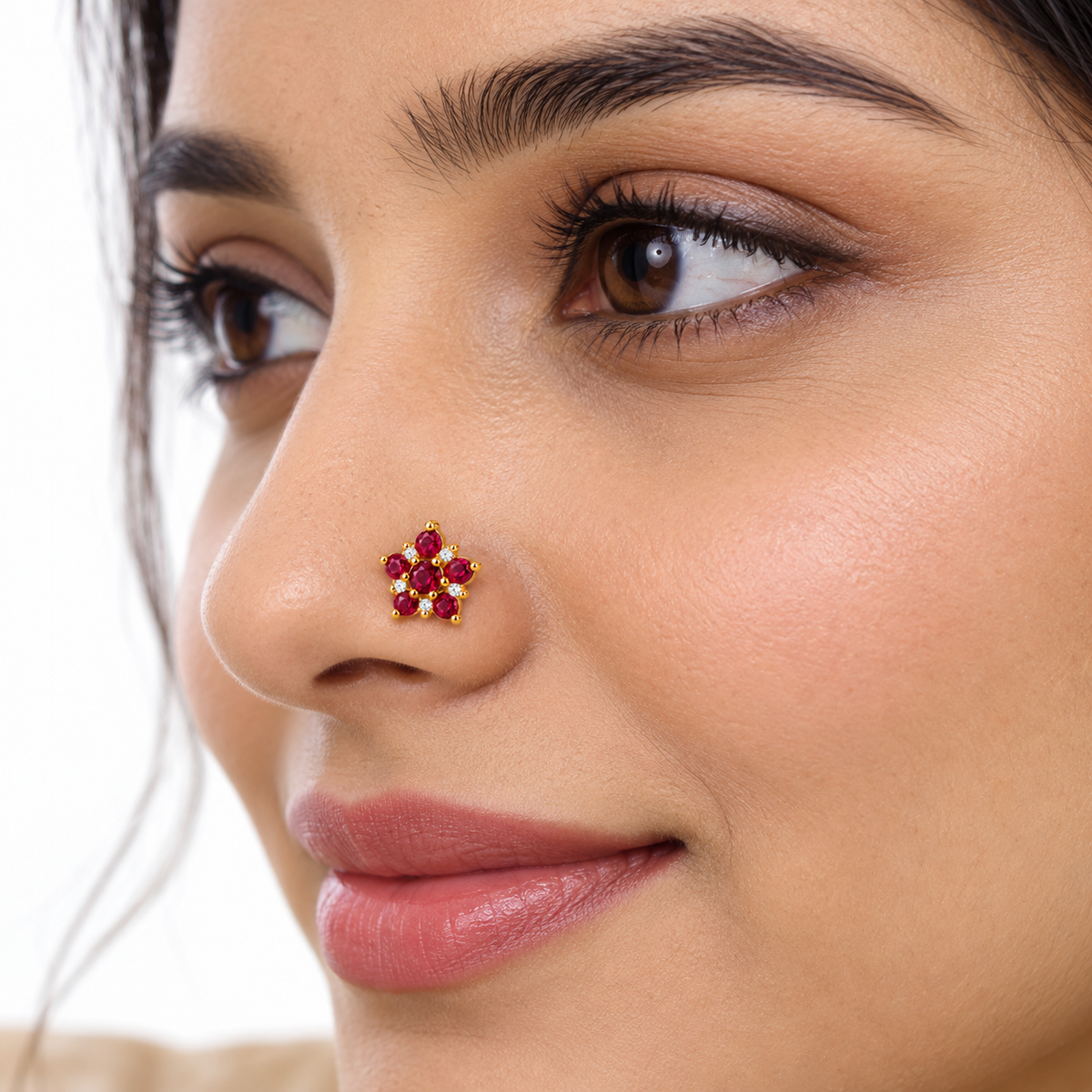 Ruby Red Flower Nose Pin - side view in 925 sterling silver