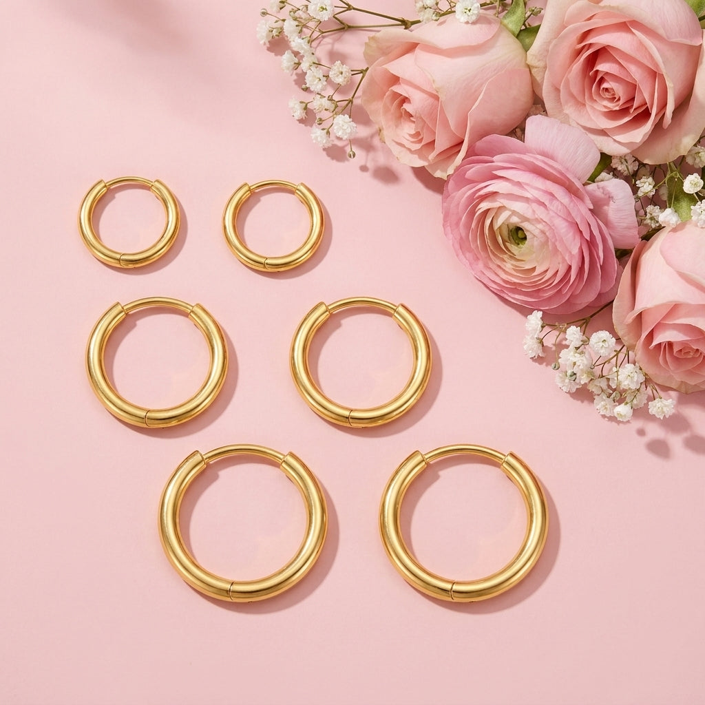 Plain Gold Hoop Earrings with Clicker Closure – 6mm, 7mm & 8mm
