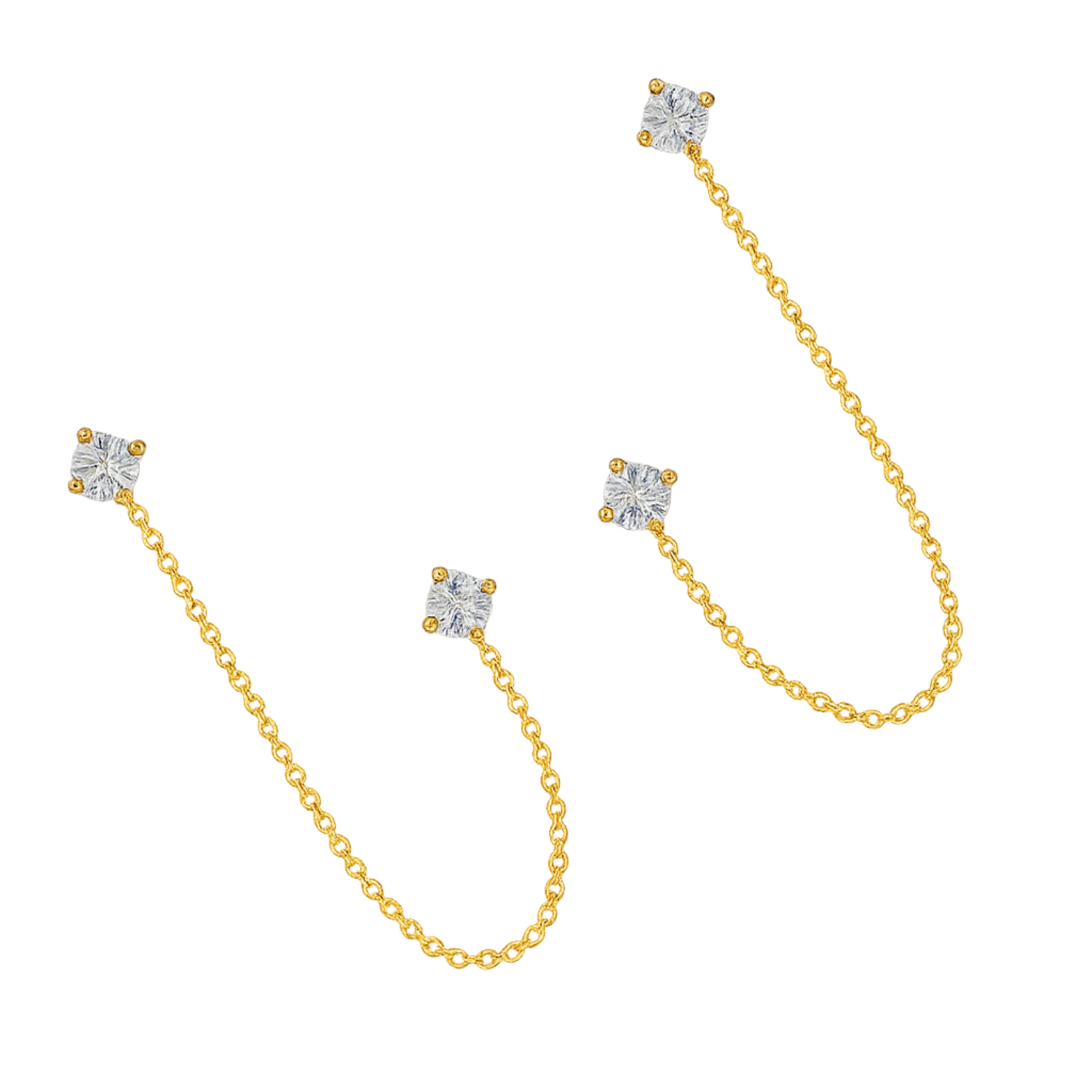 White CZ Ear Chain Studs - 925 Sterling Silver Gold Plated