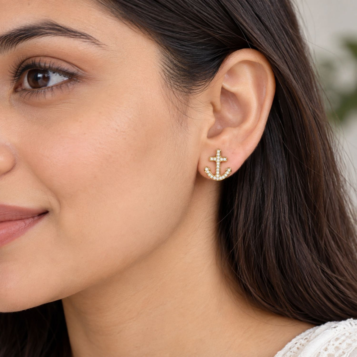 Pavé White Cz Anchor Stud Earrings for Women - 925 Sterling Silver