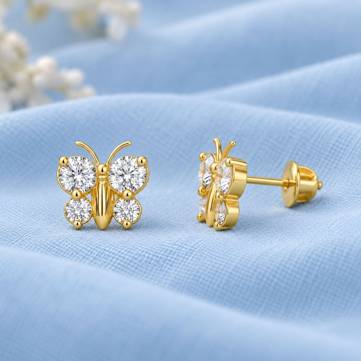 Round White Cz Butterfly Stud Earrings for Women - 925 Sterling Silver
