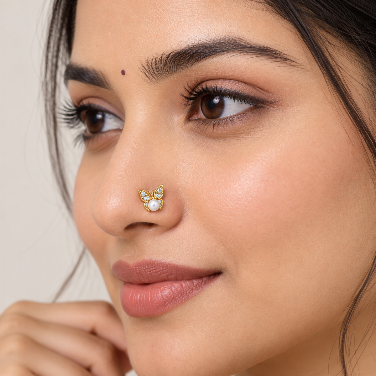 Butterfly Pearl Nose Pin - side view in 925 sterling silver