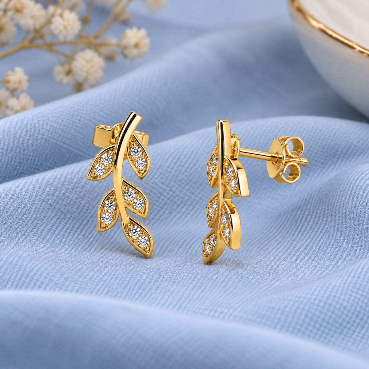 Leaf Vine White Cz Climber Stud Earrings for Women - 925 Sterling Silver