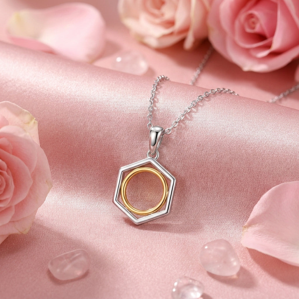 Hexagon and Circle Two Tone Pendant Necklace - 925 sterling silver pendant necklace for women