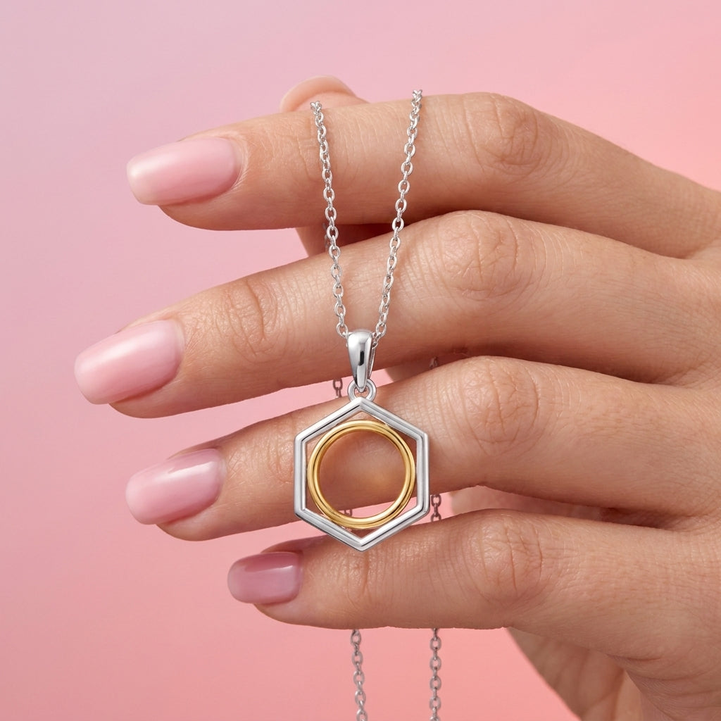 Hexagon and Circle Two Tone Pendant Necklace - 925 sterling silver pendant necklace for women