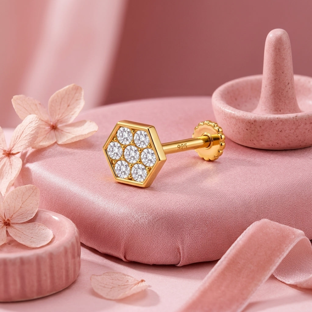 Hexagon Pave Nose Pin - 925 Sterling Silver