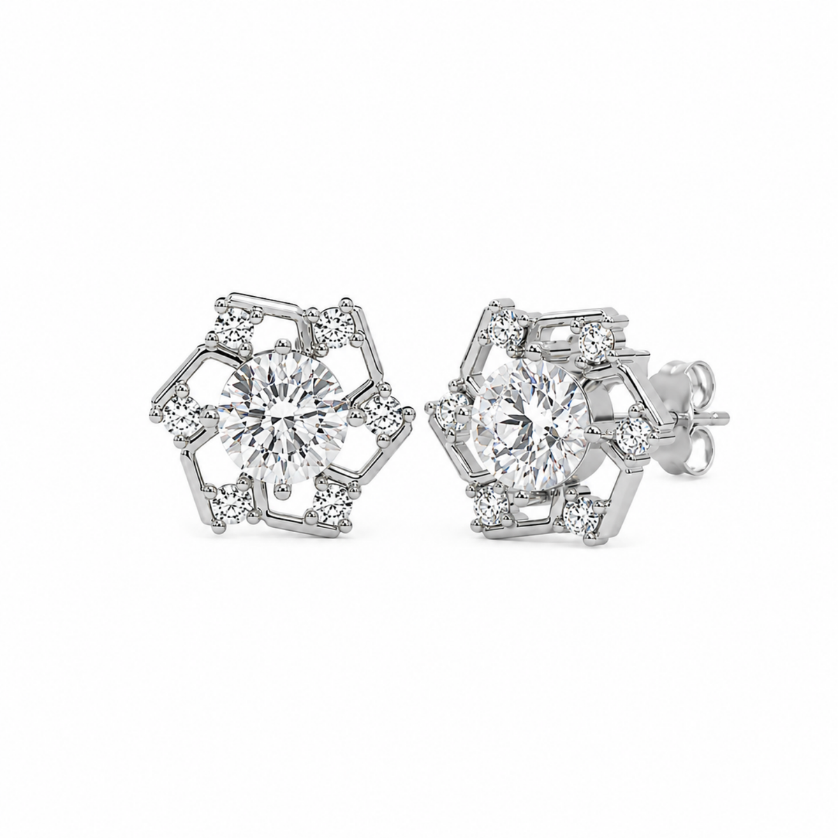 Hexagon Halo White Cz Solitaire Stud Earrings - 925 sterling silver earrings for women