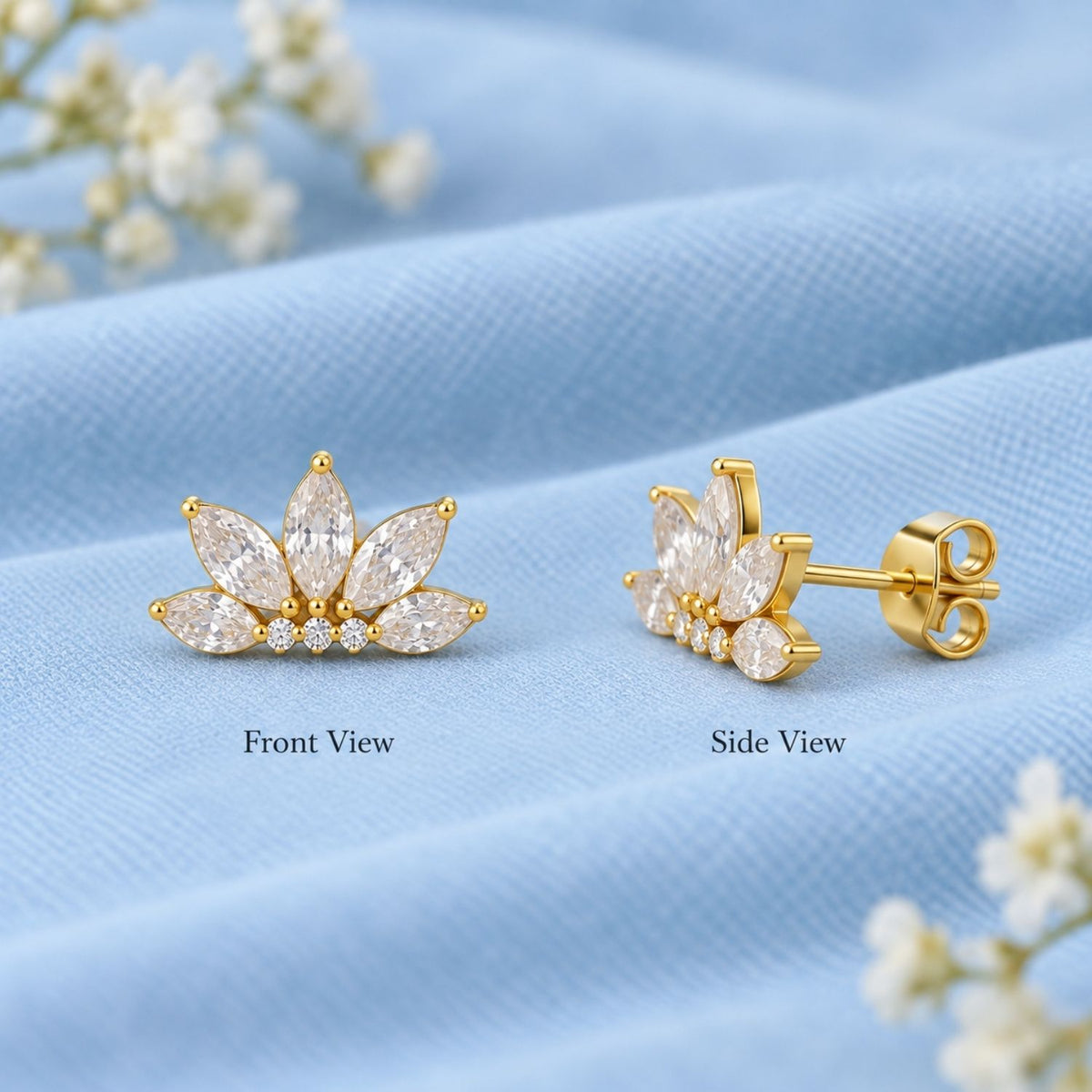 Marquise White Cz Lotus Crown Flat-Back Stud Earrings for Women - 925 Sterling Silver
