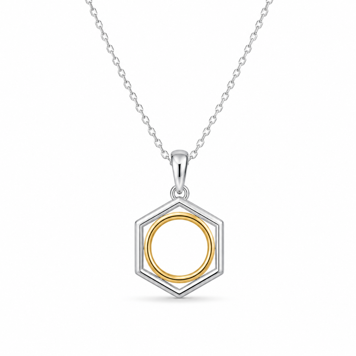 Hexagon and Circle Two Tone Pendant Necklace - 925 sterling silver pendant necklace for women