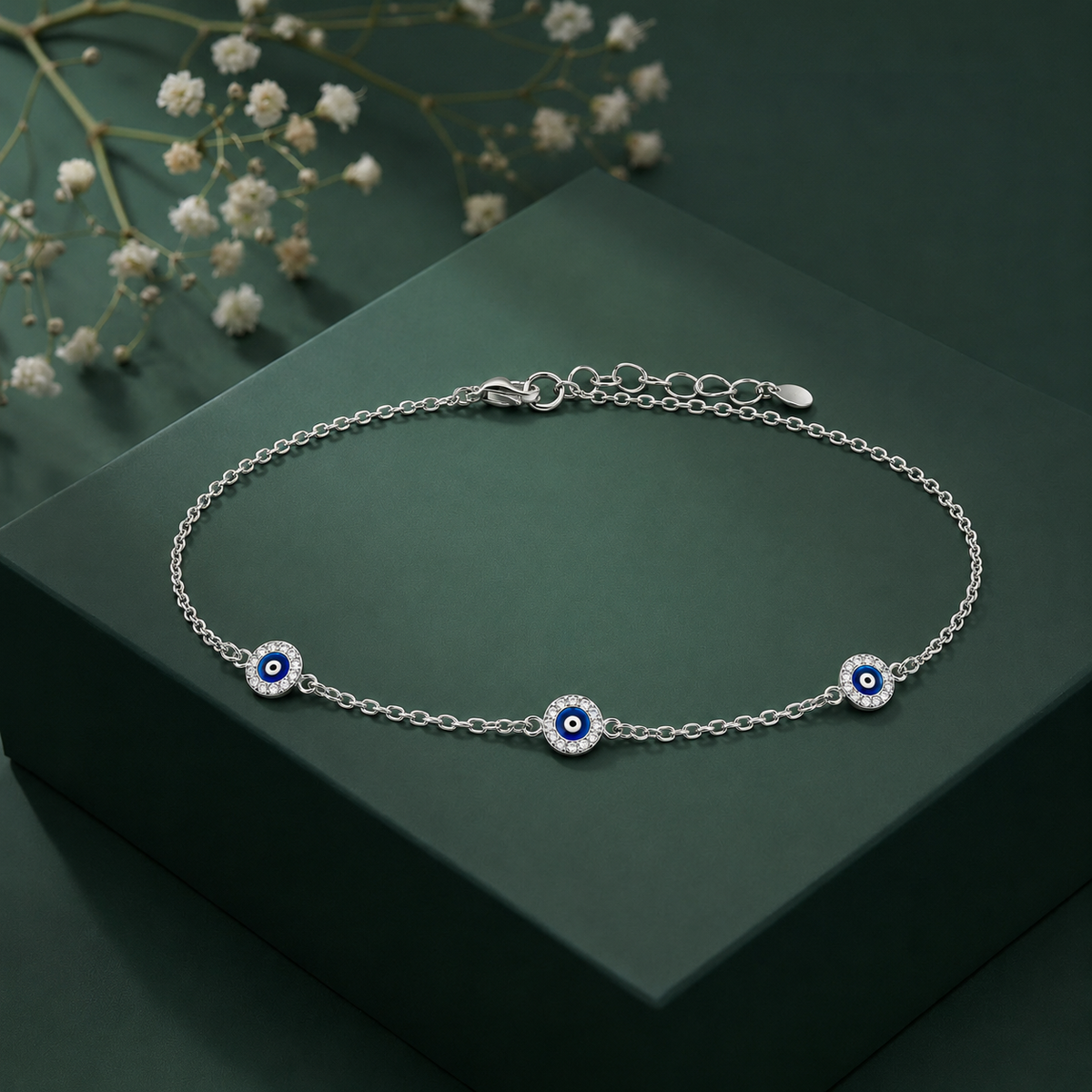 Blue Evil Eye Anklet on ankle