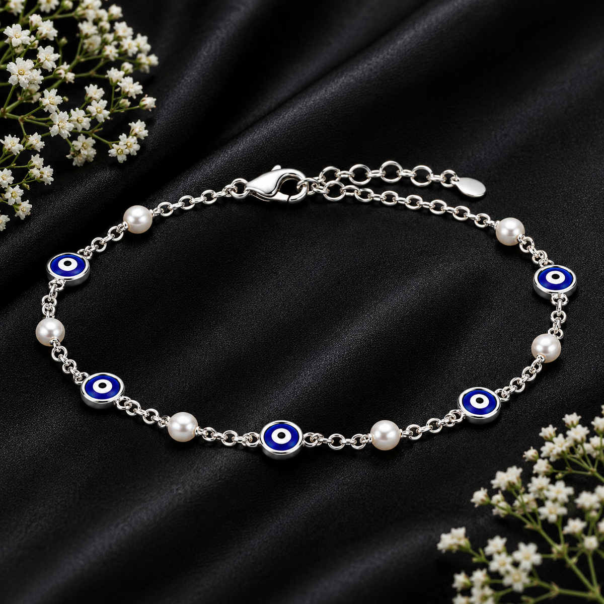 Blue Evil Eye and Pearl Bracelet worn