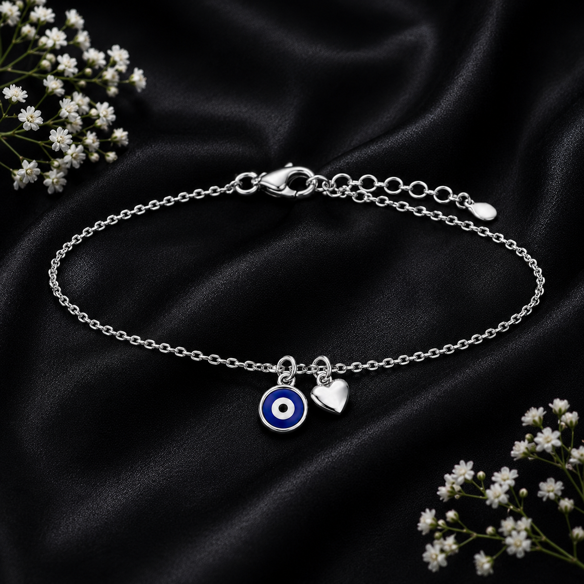 Blue Evil Eye and Heart Bracelet worn